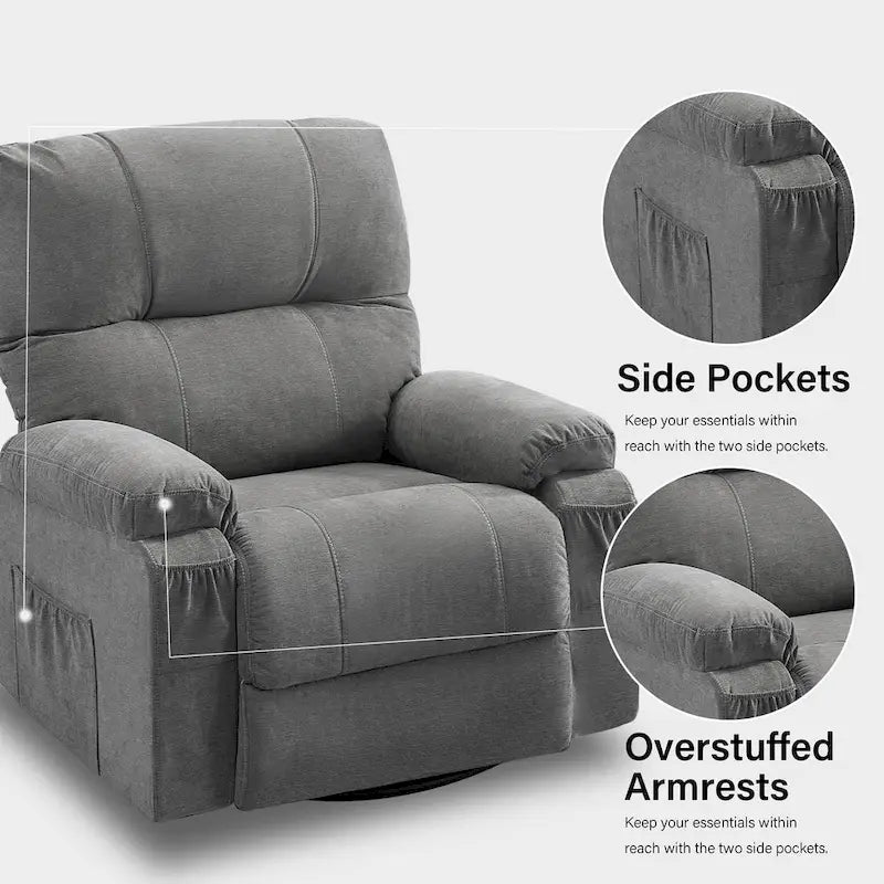 360 Swivel Manual Recliner Single Sofa Chair Fabric Lounge Chair with Pull Out Footrest and Side Pockets