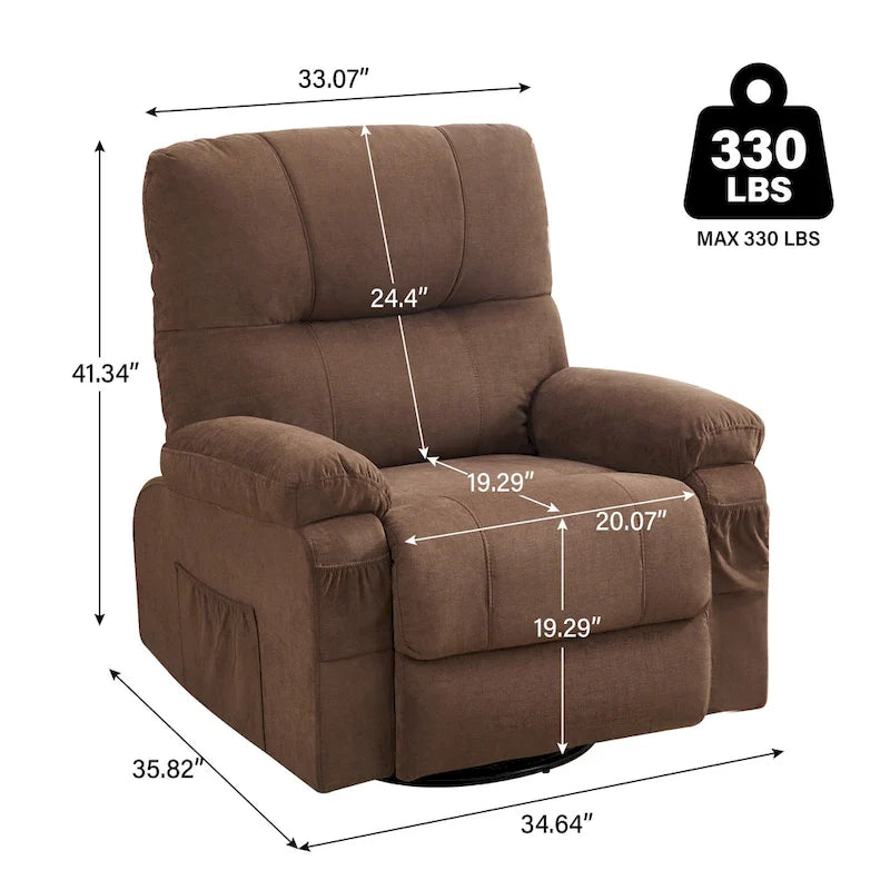 360 Swivel Manual Recliner Single Sofa Chair Fabric Lounge Chair with Pull Out Footrest and Side Pockets