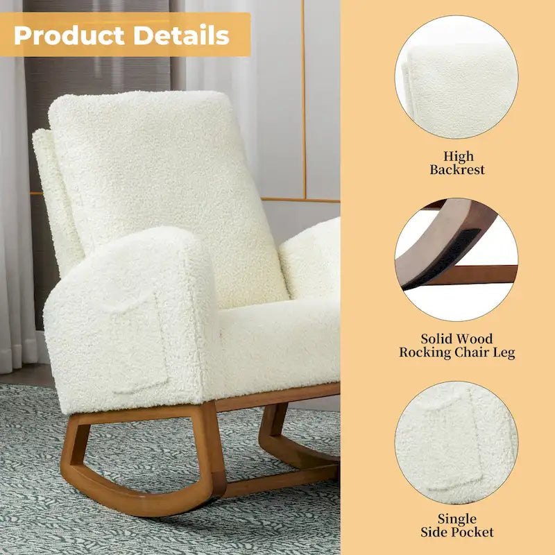 Teddy Fabric Upholstered High Back Mid-Century Modern Nursery Rocking Chair with Side Pocket