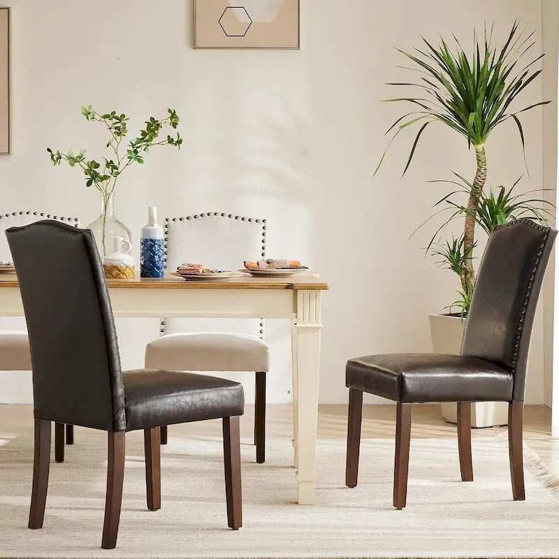 Dark Brown Leather Upholstered Dining Chair Set of 2 w/Nailhead Trim and Wood Legs for Dining Room