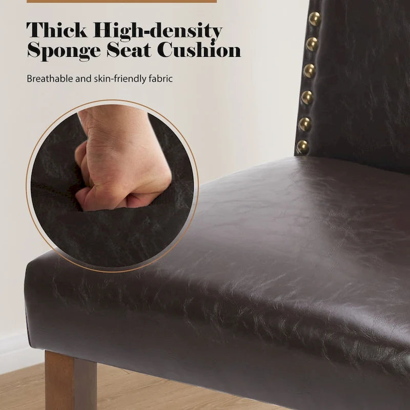 Dark Brown Leather Upholstered Dining Chair Set of 2 w/Nailhead Trim and Wood Legs for Dining Room