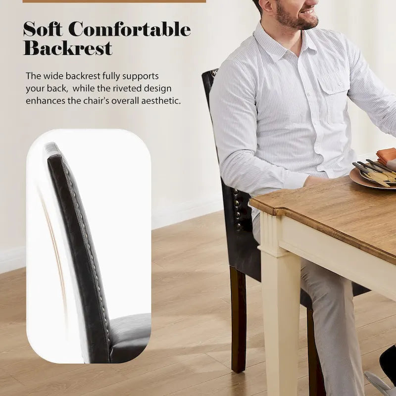 Dark Brown Leather Upholstered Dining Chair Set of 2 w/Nailhead Trim and Wood Legs for Dining Room