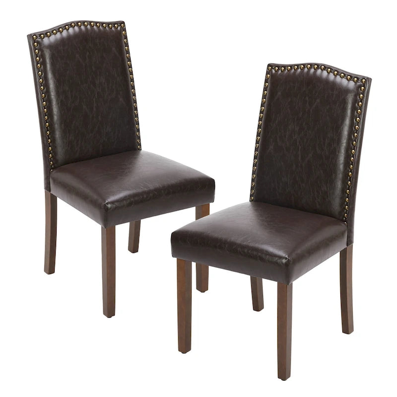 Dark Brown Leather Upholstered Dining Chair Set of 2 w/Nailhead Trim and Wood Legs for Dining Room