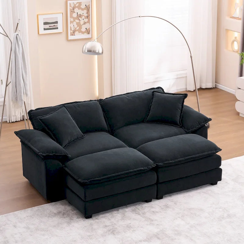 2-seater sofa with 2 cushions, 2 pillows and 2 ottomans, comfortable sofa - Living room deep sofa, modular sofa