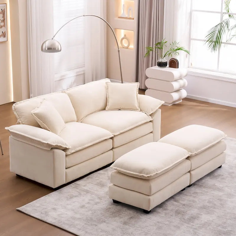 2-seater sofa with 2 cushions, 2 pillows and 2 ottomans, comfortable sofa - Living room deep sofa, modular sofa