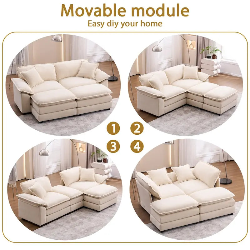 2-seater sofa with 2 cushions, 2 pillows and 2 ottomans, comfortable sofa - Living room deep sofa, modular sofa