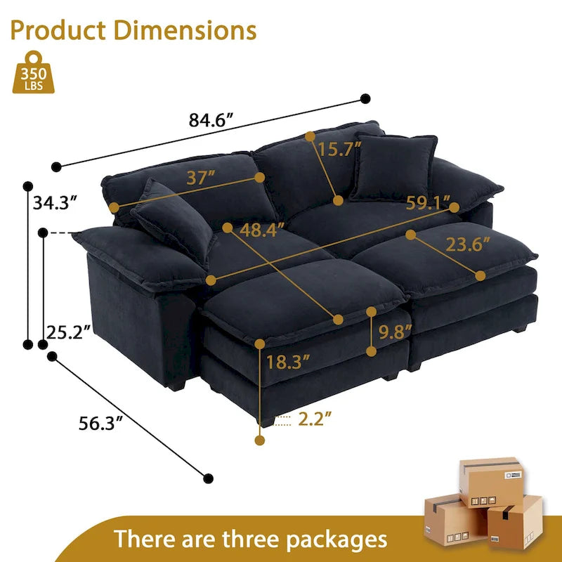 2-seater sofa with 2 cushions, 2 pillows and 2 ottomans, comfortable sofa - Living room deep sofa, modular sofa