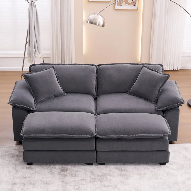 2-seater sofa with 2 cushions, 2 pillows and 2 ottomans, comfortable sofa - Living room deep sofa, modular sofa