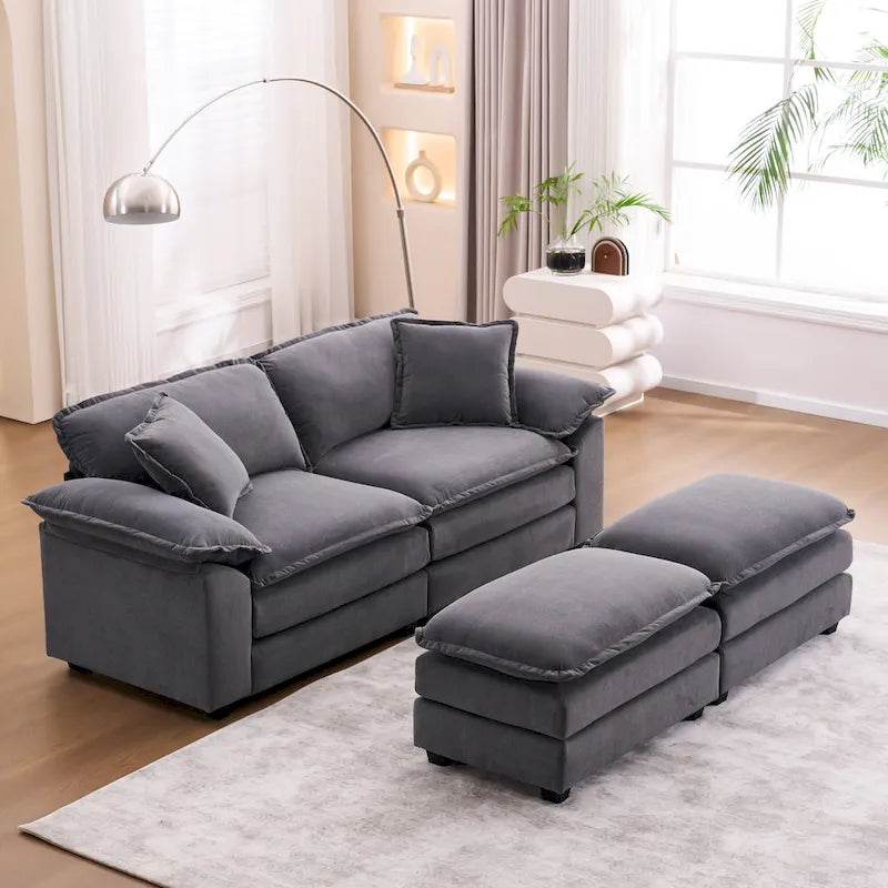 2-seater sofa with 2 cushions, 2 pillows and 2 ottomans, comfortable sofa - Living room deep sofa, modular sofa
