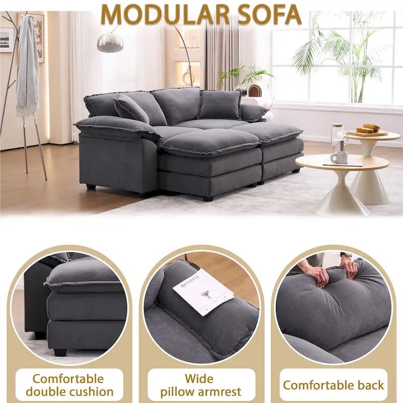 2-seater sofa with 2 cushions, 2 pillows and 2 ottomans, comfortable sofa - Living room deep sofa, modular sofa