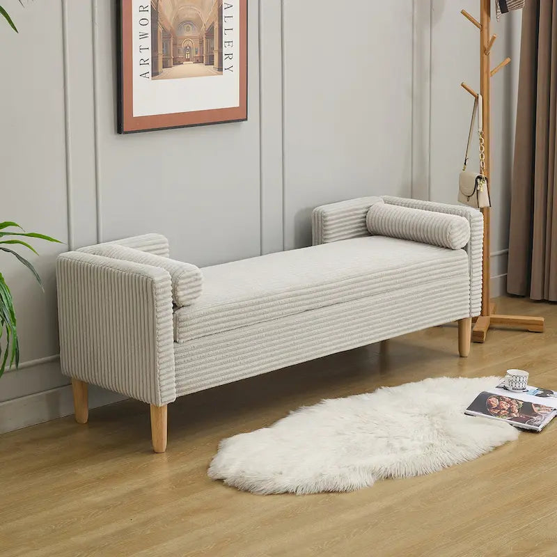 65.35 Corduroy Storage Bench with Armrests, Backrest and Two Pillows