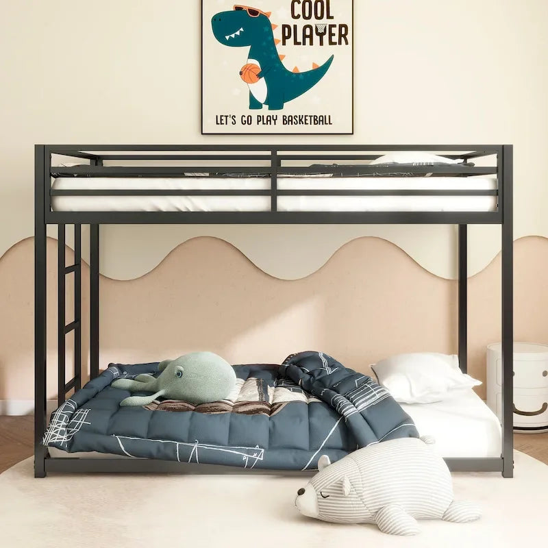 Sturdy Twin over Twin Bunk Bed Metal Black for and Adult, Low Profile Twin over twin bunk bed with Ladder and Guardrails