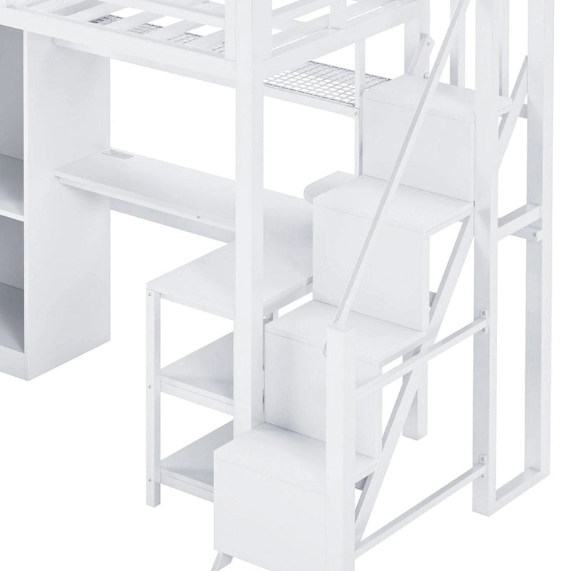 White Loft Bed w/Desk, Wardrobe & Stepped Stairs, Metal Loft Bed Storage Bed Frame w/ USB Ports & 5-Layer Shelf for Adults, Kids