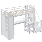 White Loft Bed w/Desk, Wardrobe & Stepped Stairs, Metal Loft Bed Storage Bed Frame w/ USB Ports & 5-Layer Shelf for Adults, Kids