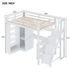 White Loft Bed w/Desk, Wardrobe & Stepped Stairs, Metal Loft Bed Storage Bed Frame w/ USB Ports & 5-Layer Shelf for Adults, Kids
