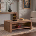 Rectangle Coffee Table with Solid Wood for Living Room, Large 2-Tier Rustic Coffee Table with Storage Shelf