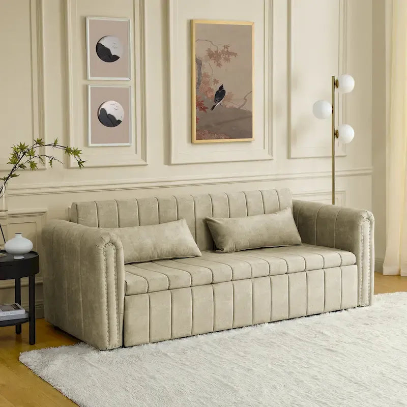 Modern Upholstered 3 in 1 Pull-Out Bed Sleeper w/ Rolled Arms Decorated & Copper Nails, Convertible Futon 3 Seats Daybed, Black