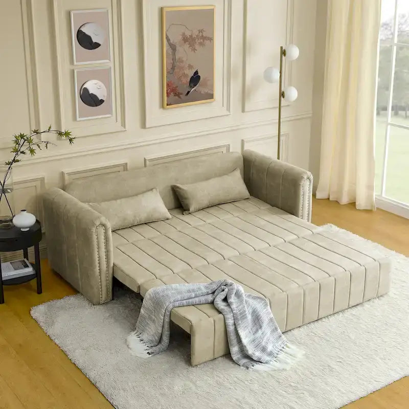 Modern Upholstered 3 in 1 Pull-Out Bed Sleeper w/ Rolled Arms Decorated & Copper Nails, Convertible Futon 3 Seats Daybed, Black