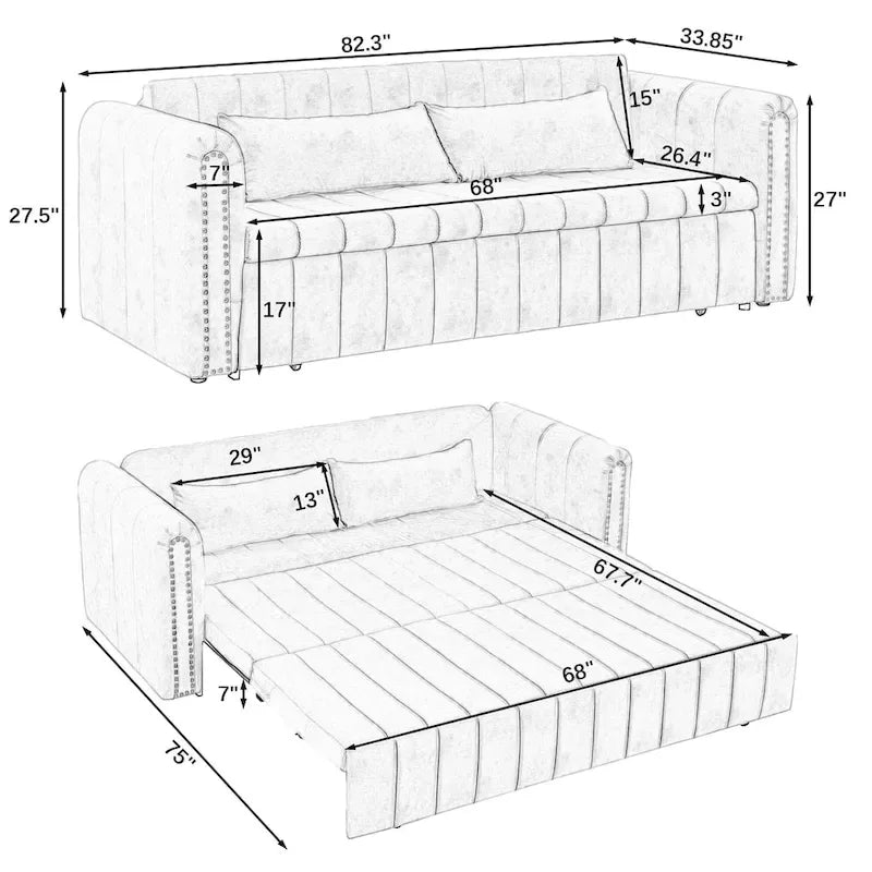 Modern Upholstered 3 in 1 Pull-Out Bed Sleeper w/ Rolled Arms Decorated & Copper Nails, Convertible Futon 3 Seats Daybed, Black