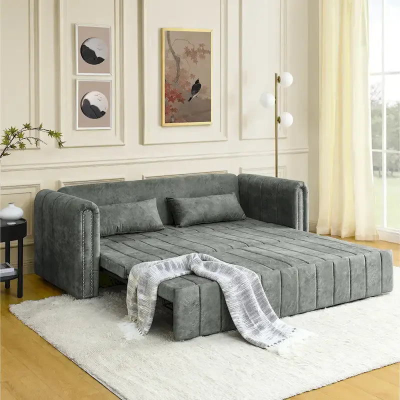 Modern Upholstered 3 in 1 Pull-Out Bed Sleeper w/ Rolled Arms Decorated & Copper Nails, Convertible Futon 3 Seats Daybed, Black