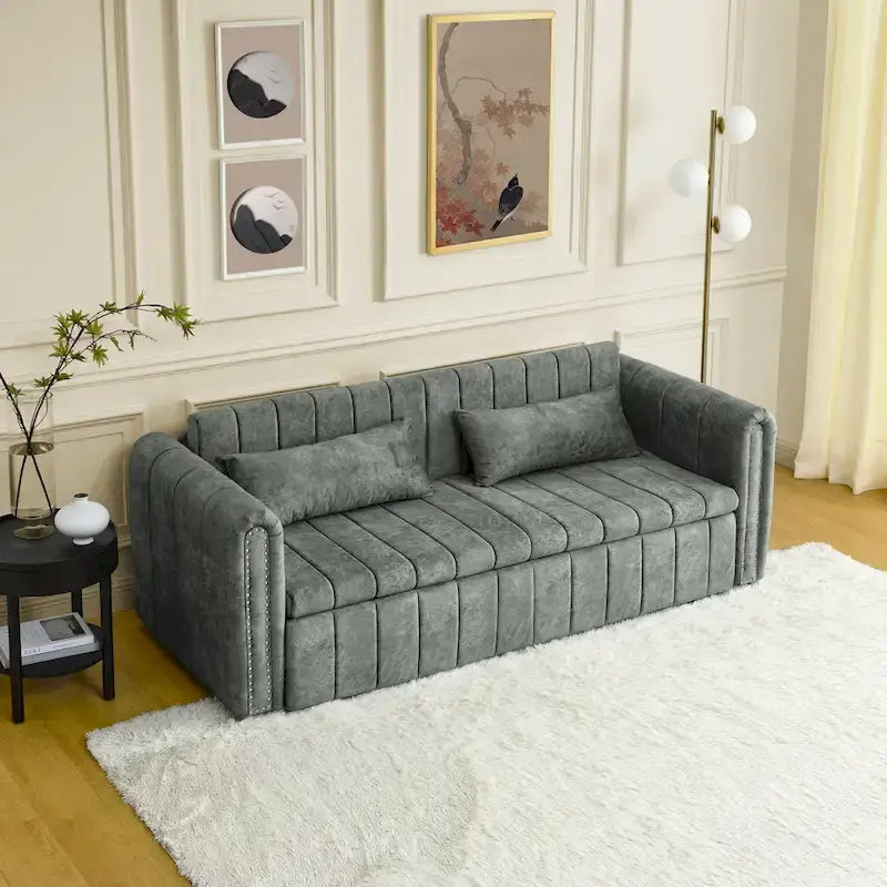 Modern Upholstered 3 in 1 Pull-Out Bed Sleeper w/ Rolled Arms Decorated & Copper Nails, Convertible Futon 3 Seats Daybed, Black
