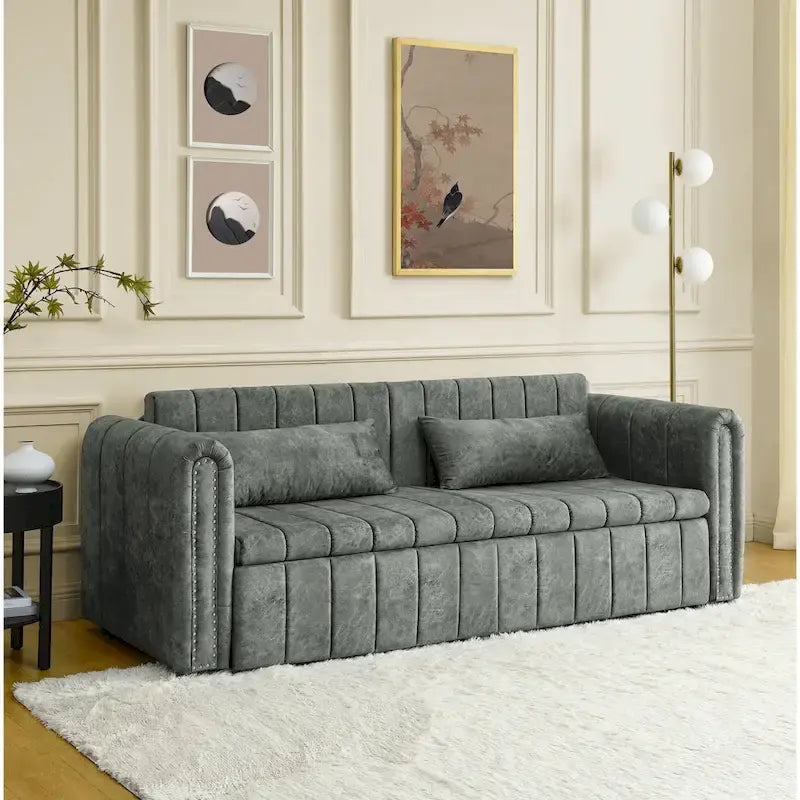 Modern Upholstered 3 in 1 Pull-Out Bed Sleeper w/ Rolled Arms Decorated & Copper Nails, Convertible Futon 3 Seats Daybed, Black