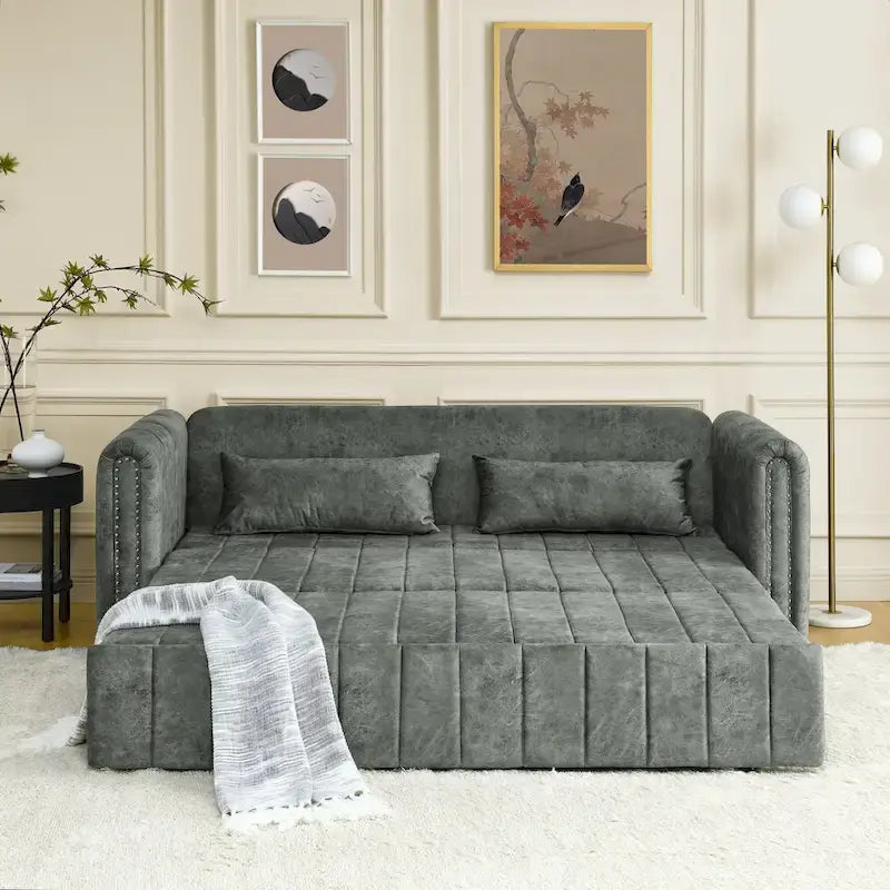 Modern Upholstered 3 in 1 Pull-Out Bed Sleeper w/ Rolled Arms Decorated & Copper Nails, Convertible Futon 3 Seats Daybed, Black