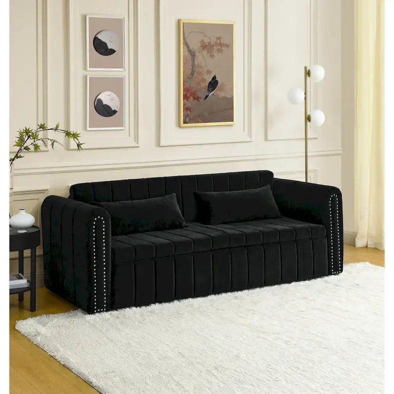Modern Upholstered 3 in 1 Pull-Out Bed Sleeper w/ Rolled Arms Decorated & Copper Nails, Convertible Futon 3 Seats Daybed, Black