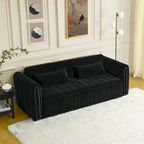 Modern Upholstered 3 in 1 Pull-Out Bed Sleeper w/ Rolled Arms Decorated & Copper Nails, Convertible Futon 3 Seats Daybed, Black