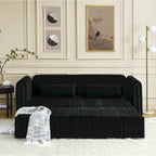 Modern Upholstered 3 in 1 Pull-Out Bed Sleeper w/ Rolled Arms Decorated & Copper Nails, Convertible Futon 3 Seats Daybed, Black