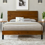 Brown King Size Mid-Century Modern Solid Wood Platform Bed with Three-Piece Headboard Design