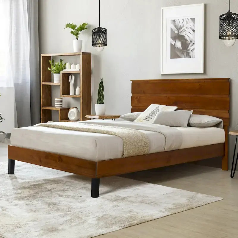 Brown King Size Mid-Century Modern Solid Wood Platform Bed with Three-Piece Headboard Design