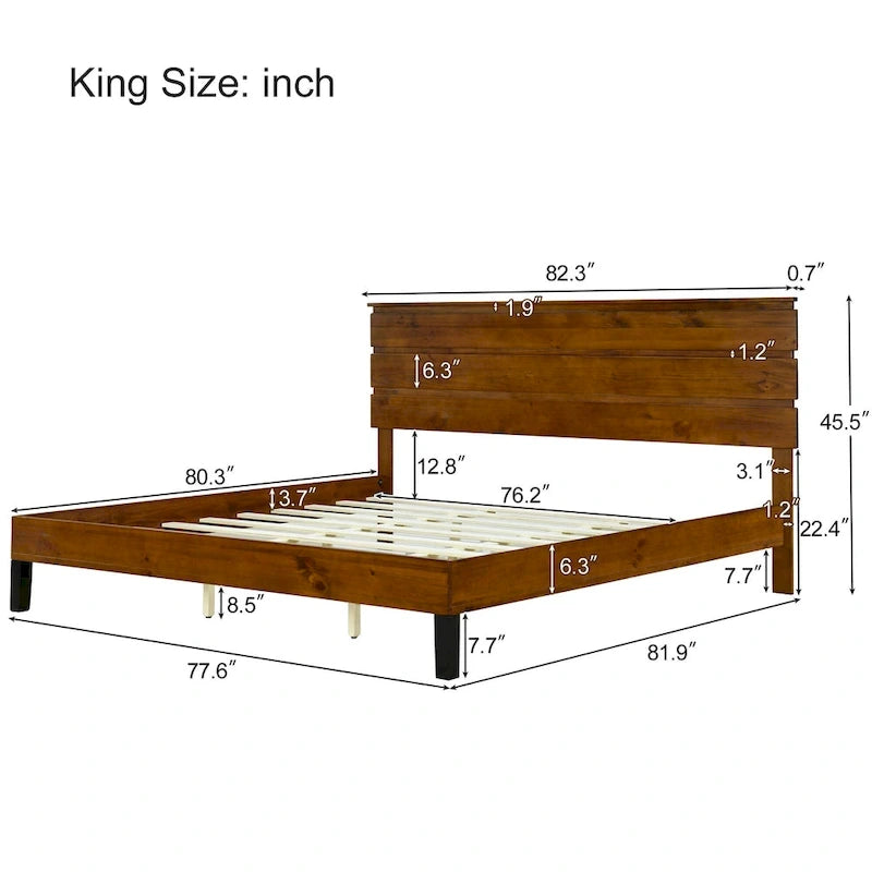 Brown King Size Mid-Century Modern Solid Wood Platform Bed with Three-Piece Headboard Design