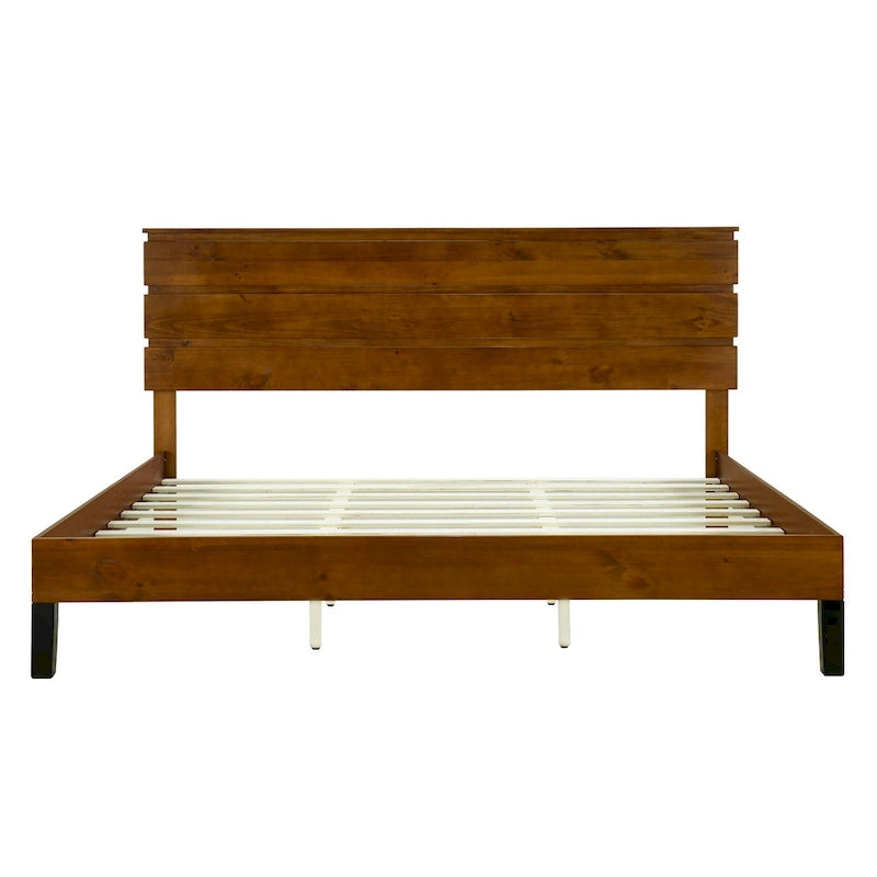 Brown King Size Mid-Century Modern Solid Wood Platform Bed with Three-Piece Headboard Design