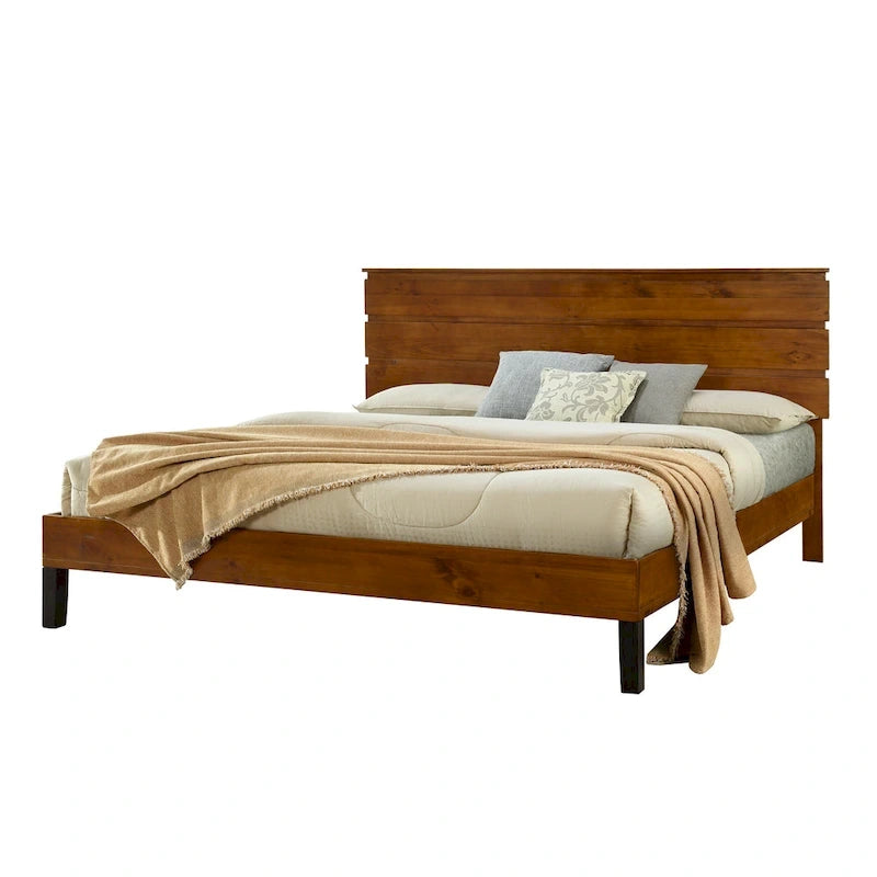 Brown King Size Mid-Century Modern Solid Wood Platform Bed with Three-Piece Headboard Design