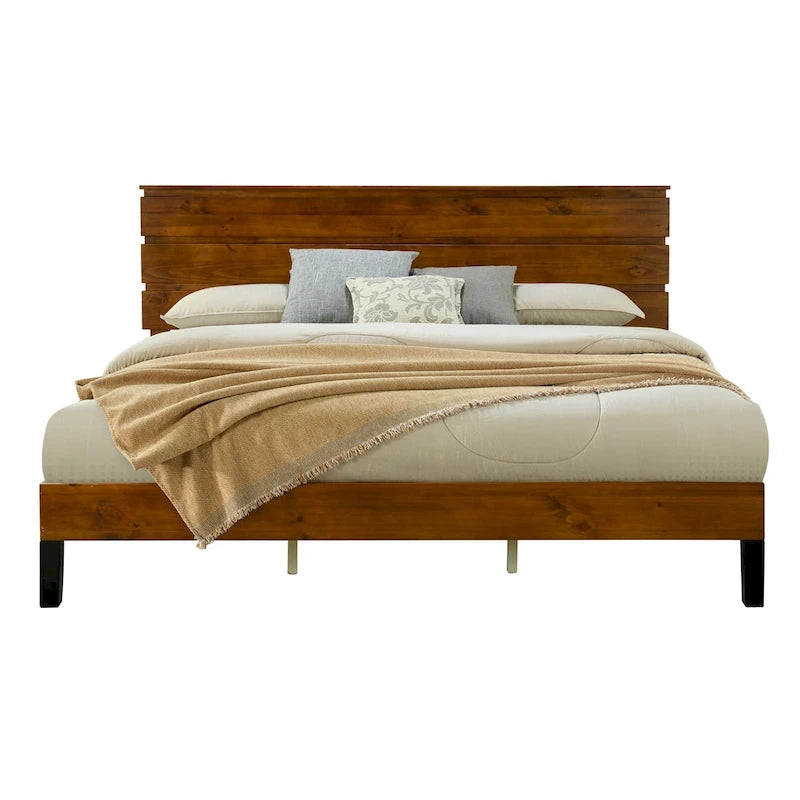 Brown King Size Mid-Century Modern Solid Wood Platform Bed with Three-Piece Headboard Design
