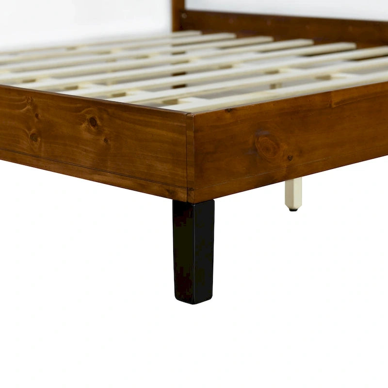 Brown King Size Mid-Century Modern Solid Wood Platform Bed with Three-Piece Headboard Design