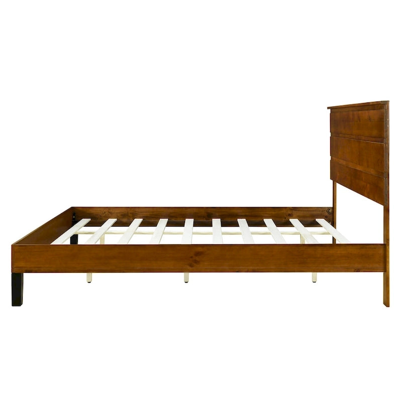 Brown King Size Mid-Century Modern Solid Wood Platform Bed with Three-Piece Headboard Design