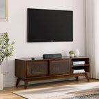 Walnut 59 TV Stand with Open Shelves and Rattan Cabinet Doors for TVs Up to 65