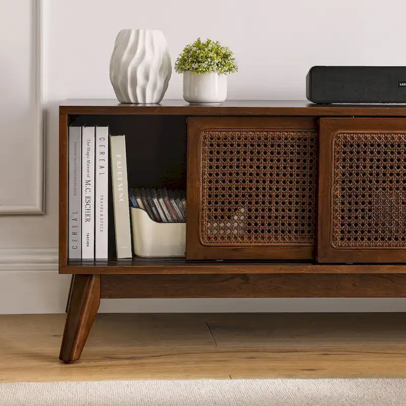 Walnut 59 TV Stand with Open Shelves and Rattan Cabinet Doors for TVs Up to 65