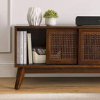 Walnut 59 TV Stand with Open Shelves and Rattan Cabinet Doors for TVs Up to 65
