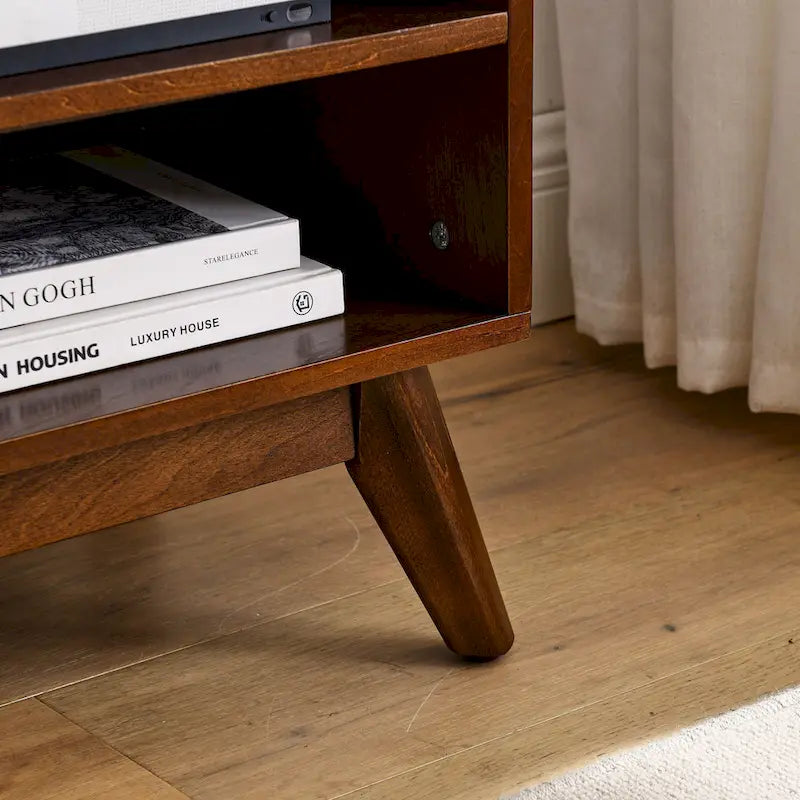 Walnut 59 TV Stand with Open Shelves and Rattan Cabinet Doors for TVs Up to 65