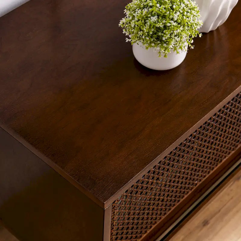 Walnut 59 TV Stand with Open Shelves and Rattan Cabinet Doors for TVs Up to 65