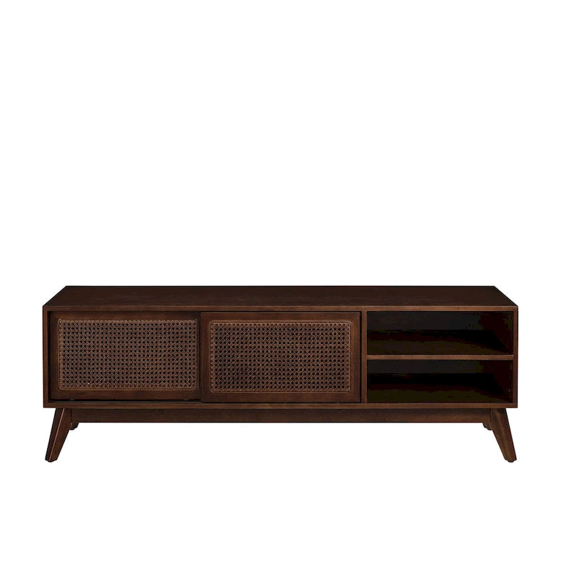 Walnut 59 TV Stand with Open Shelves and Rattan Cabinet Doors for TVs Up to 65