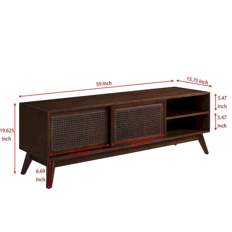 Walnut 59 TV Stand with Open Shelves and Rattan Cabinet Doors for TVs Up to 65