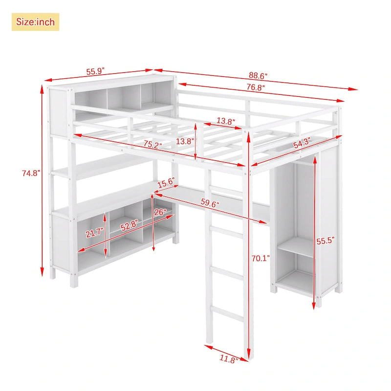 Off White Full Size Metal Loft Bed with Wardrobe And L-shaped Desk, Storage Cubes and Shelves for Kids, Teens, Adults