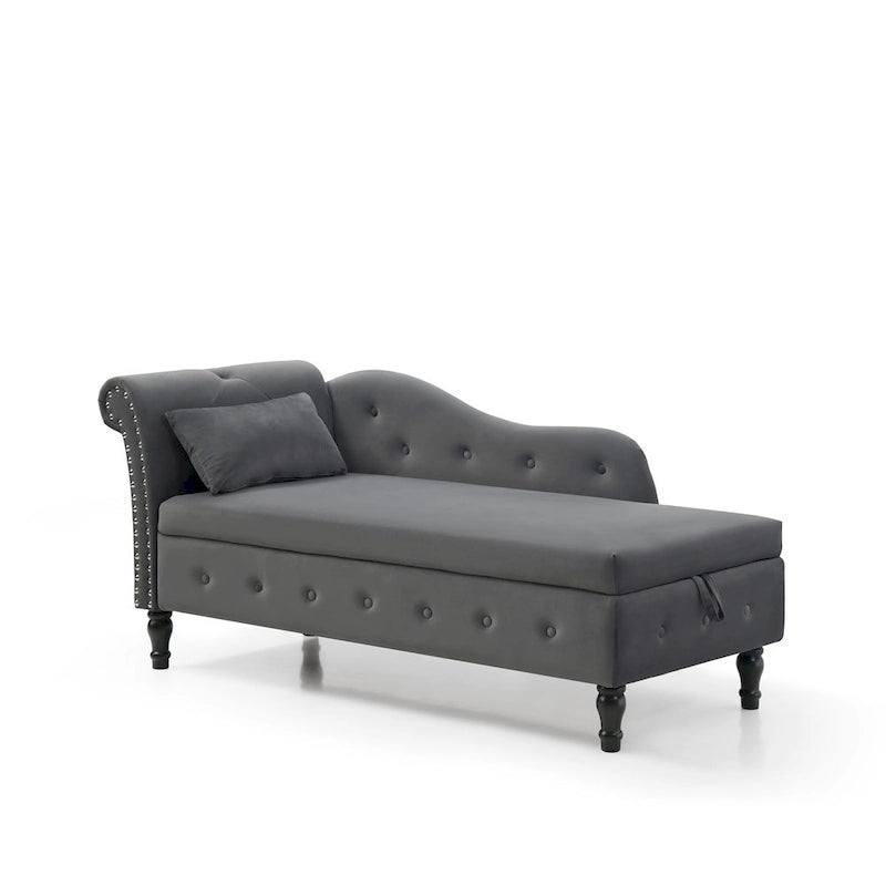 Grey Modern 60 Velvet Upholstered Buttons Tufted Chaise Lounge Chair with Solid Wood Legs and Storage