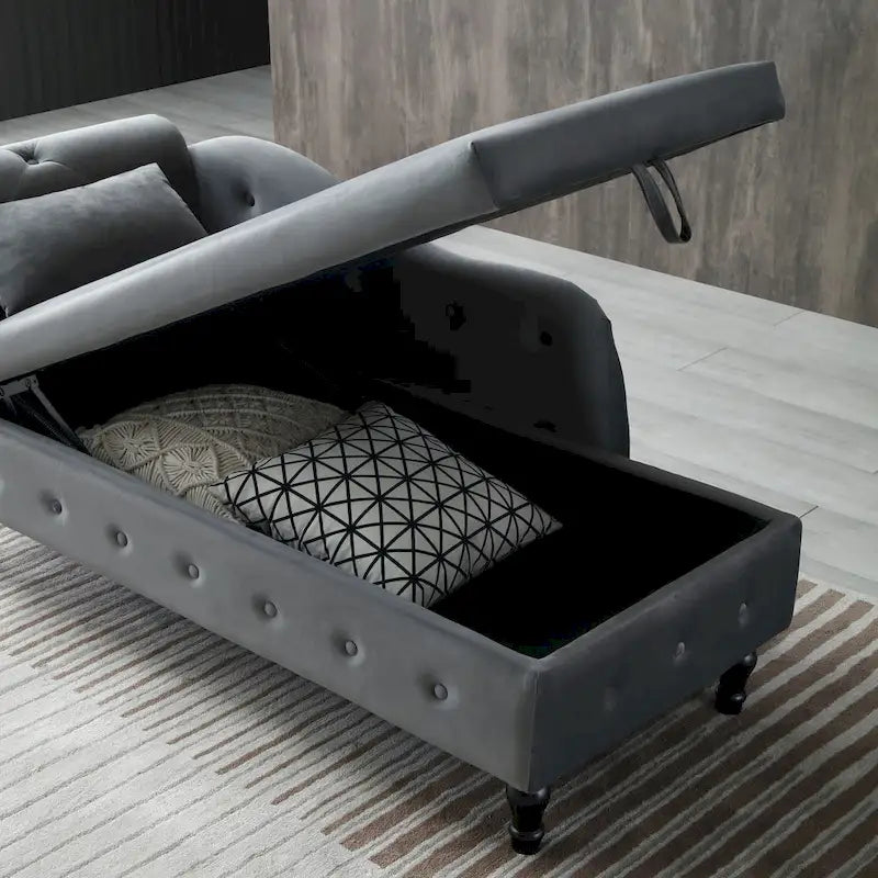 Grey Modern 60 Velvet Upholstered Buttons Tufted Chaise Lounge Chair with Solid Wood Legs and Storage