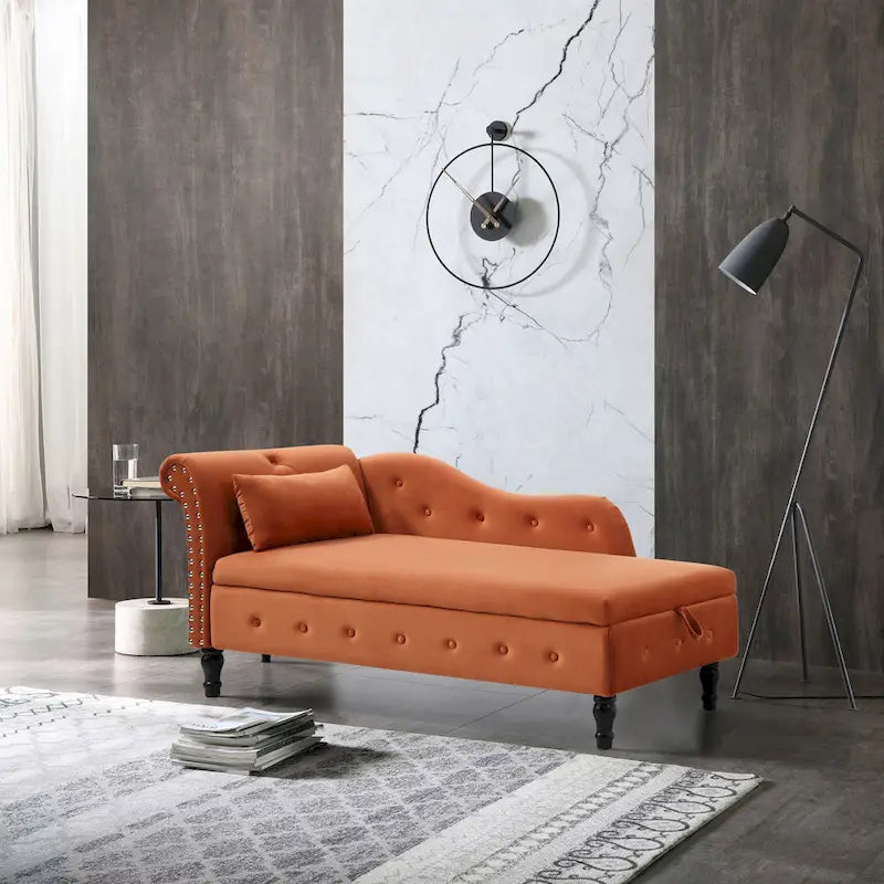 Orange Modern 60 Velvet Upholstered Buttons Tufted Chaise Lounge Chair with Solid Wood Legs and Storage