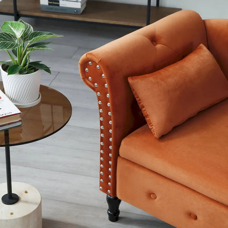 Orange Modern 60 Velvet Upholstered Buttons Tufted Chaise Lounge Chair with Solid Wood Legs and Storage